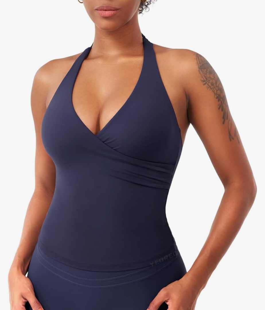 Womens Halter Tank Tops Workout Impact Longline Strappy Top Padded Deep V Neck Wrap Gym Backless Bra Camisole S