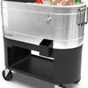 Permasteel Rolling Patio Cooler  Large Outdoor Ice Chest with Wheels, Beverage Cooler for Backyard, BBQ, Tailgate, Beach, Parties, Rustic Farmhouse Design (120-Quart, Silver)