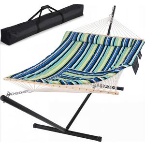 SUNCREAT Hammocks Double Cotton Rope Hammock with Polyester Pad, Heavy Duty Hammock with Steel Stand, Blue&Green