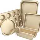 Baking Pans Set, 5-Piece Nonstick Bakeware Sets with Round/Square Cake Pan, Muffin Loaf Roast Pan, Baking Sheets for Oven, Kitchen Cookware Sets Baking Tray Baking Supplies, Gold