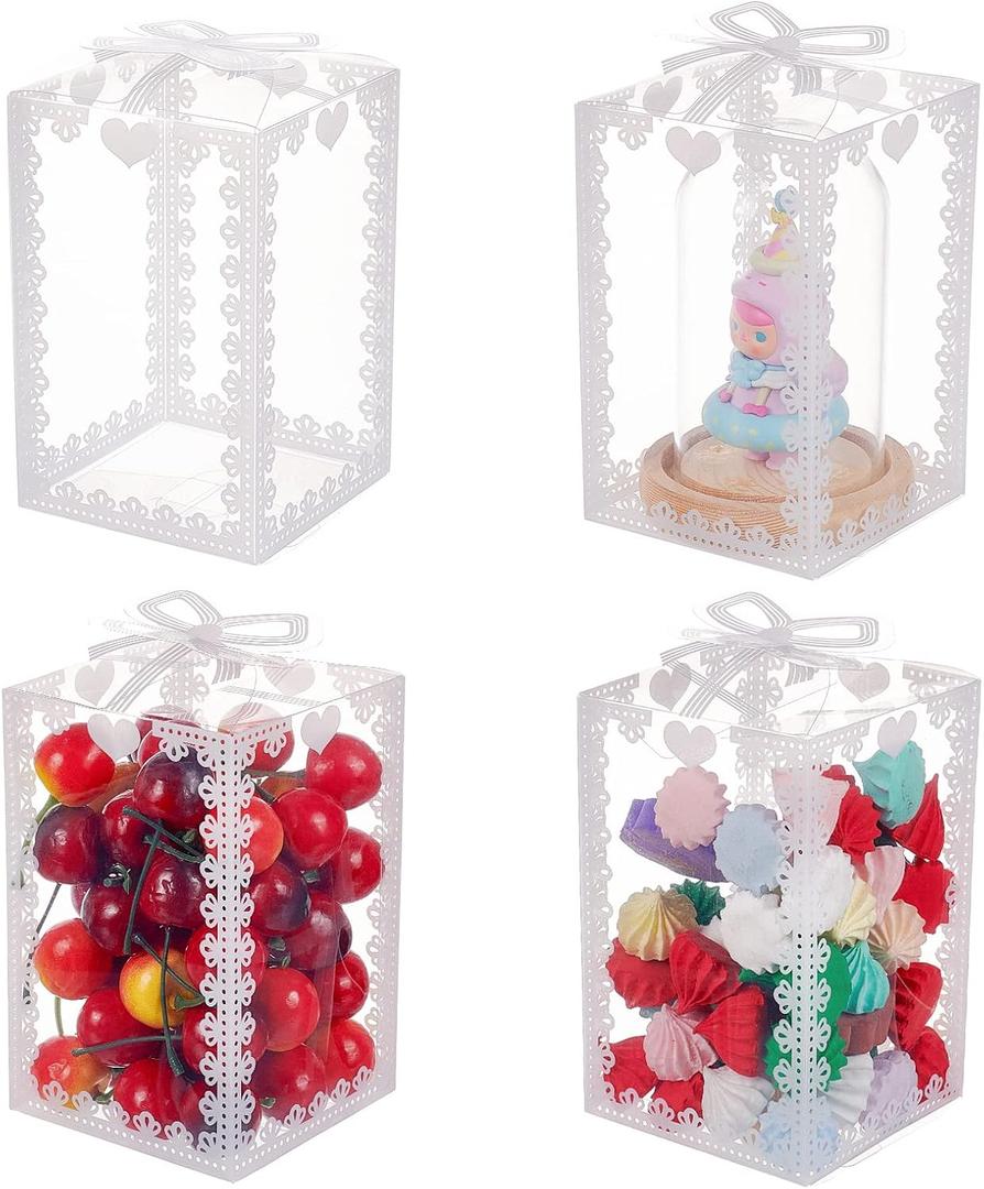 BENECREAT 24PCS 3.5x3.5x5.5 Clear Wedding Favour Boxes with Bowknot Pattern Rectangle PVC Transparent Gift Boxes for Candy Chocolate Valentine's Day, Festival Gift Wrapping (1 Count (Pack of 24))