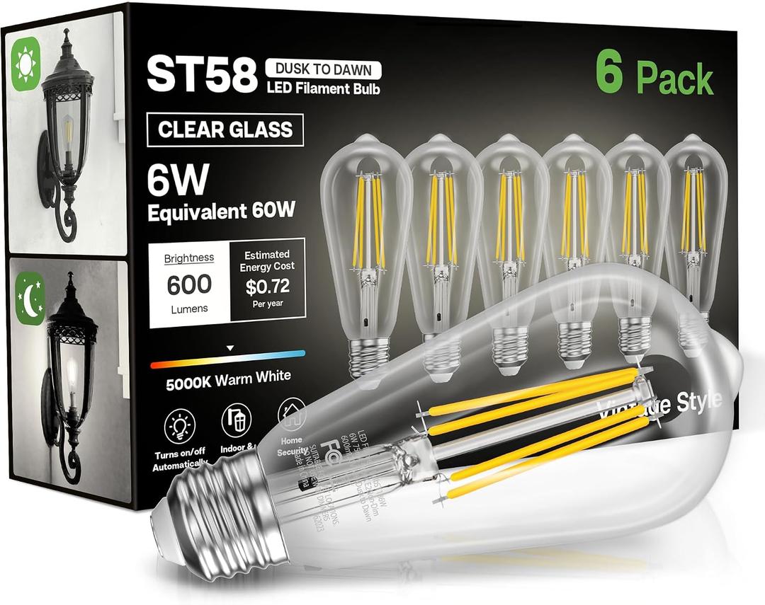 Dusk to Dawn Light Bulbs, 6W Equivalent 60W, Cool White 5000K, E26 Base, Light Sensing, ST58 Vintage Style, 600LM, Outdoor Edison Bulbs, Automatic Light Bulbs for Porch Patio Garage, 6 Pack