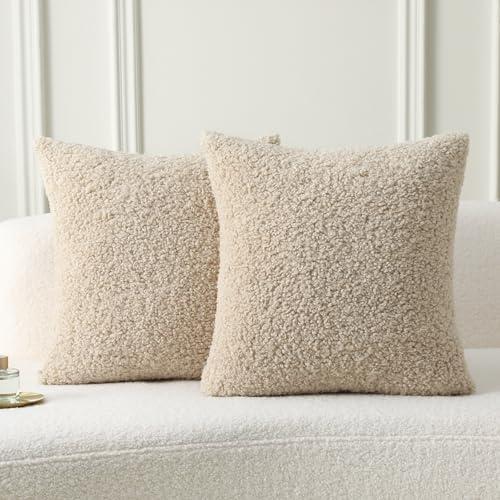 FUTEI Beige Throw Pillow Covers 18x18 Inch Set of 2,Furry Faux Fur Teddy Boucle Textured Cushion Covers,Soft Fluffy Decorative Pillow Case,Home Decor for Couch Bed Living Room Office Car
