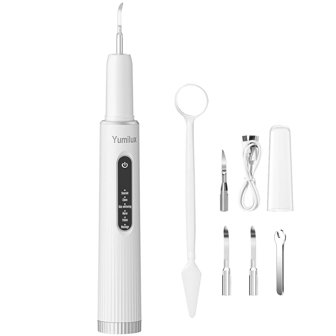 Professional Plaque Remover for Teeth, Teeth Cleaner Tool with Intelligent and Secure Sensor Technology, 4 Replaceable Heads 5 Modes, OLED Light & Oral Mirror, Rechargeable Teeth Cleaning Kit For Home