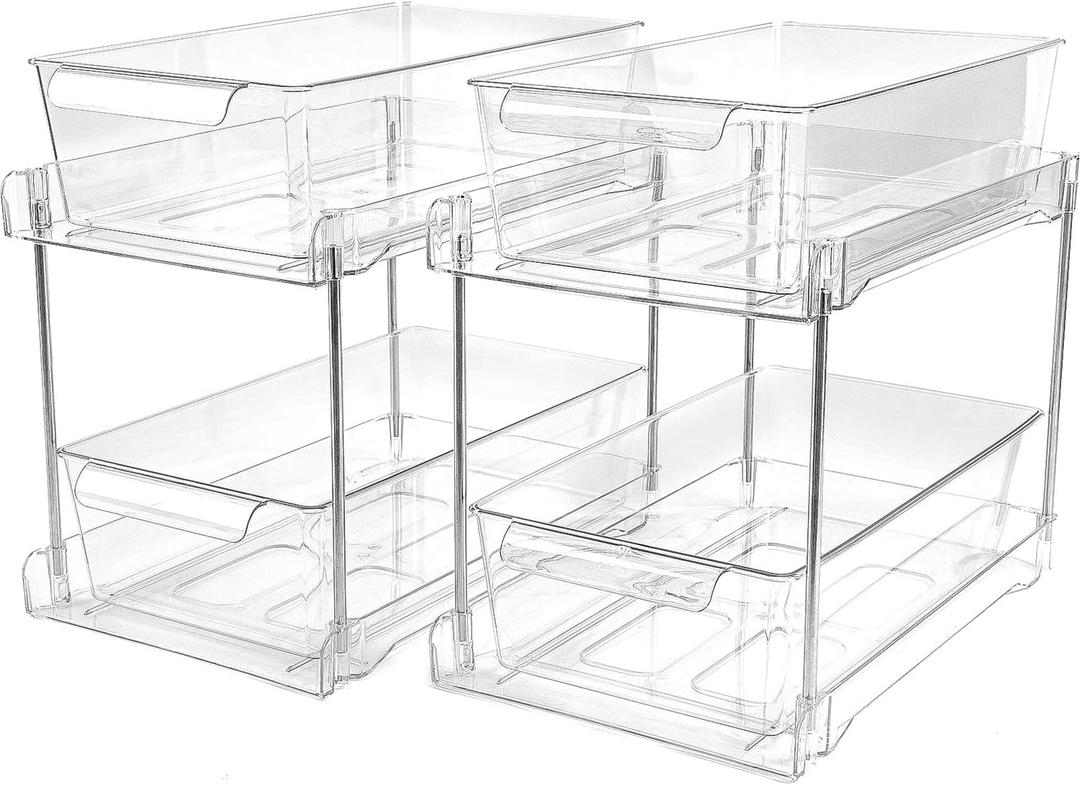 2Pack 2-Tier Bathroom Storage Organizer, Clear Under Sink Organizers Kitchen Vanity Counter Storage Container, Medicine Cabinet Drawers Bins, Pull-Out Organization with Track for Pantry