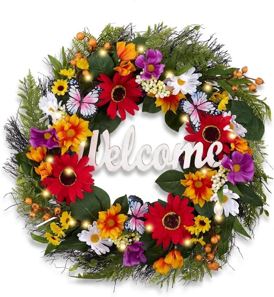 Valery Madelyn Spring Flower Wreath for Front Door– 24 Inch Colorful Floral Door Wreath with Daisy, Ferns, Butterfly and “Welcome” Wood Sign for Wedding, Wall, Home and Summer Decorations
