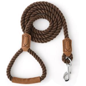 Mile High Life Dog Leash, Braided Cotton Rope Leashes with Leather Handle - Heavy Duty Metal Clasp, 5FT, 1/2" Thick - Wedding, Walking & Training Leash for Small Medium Large Dogs (Dark Brown)