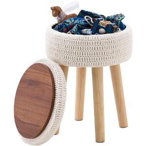 Wimarsbon Pouf Ottoman, 100% Cotton Knitted Boho Footstool, Round Footrest with Non-Skid Wood Legs, Home Dcor Handmade Pouffe, Leisure Floor Step Stool for Living Room (High Storage Beige)