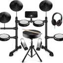 Electronic Drum Set,Electronic Drum for Beginner Set with Type-C Charging,support USB MIDI Bluetooth,with 4 Quiet Mesh Pads 2 Pedals, Drum Stool, Sticks, Headphones and Melodics Lessons