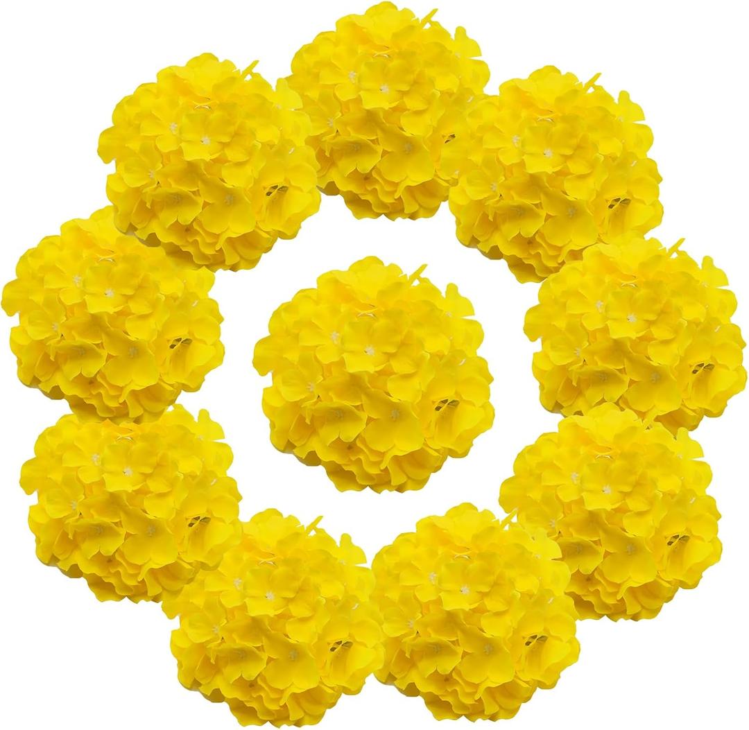 10 pcs Hydrangea Artificial Flowers, Silk Artificial Hydrangea Head with Stem Hydrangea for Bridal Wedding Baby Shower Home Party Decoration (Yellow)