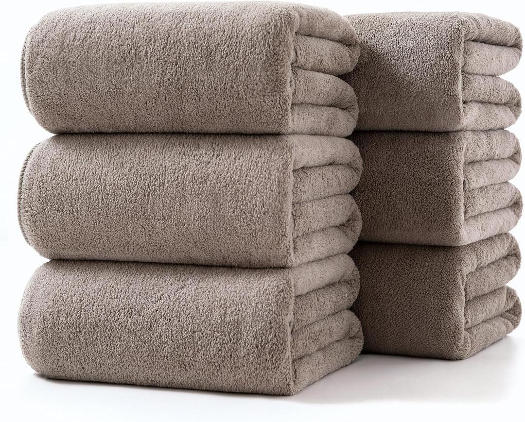 Towels 6 Piece Soft Microfiber Bath Towel Set Salon Gym Yoga Travel Incredibly Absorbent Lightweight Quick Dry and Durable, 55" L x 27" W, Big 6 Pack Elegant Grey Brown