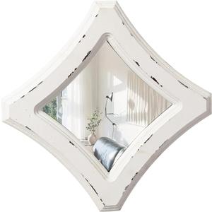 Farmhouse Small Decorative Mirrors for Wall Decor Living Room 7.9 inch, Hanging Distressed White Vintage Wood Frame Bedroom Mirror, Rustic Rhombus Wall Mounted Mirror for Home Decor