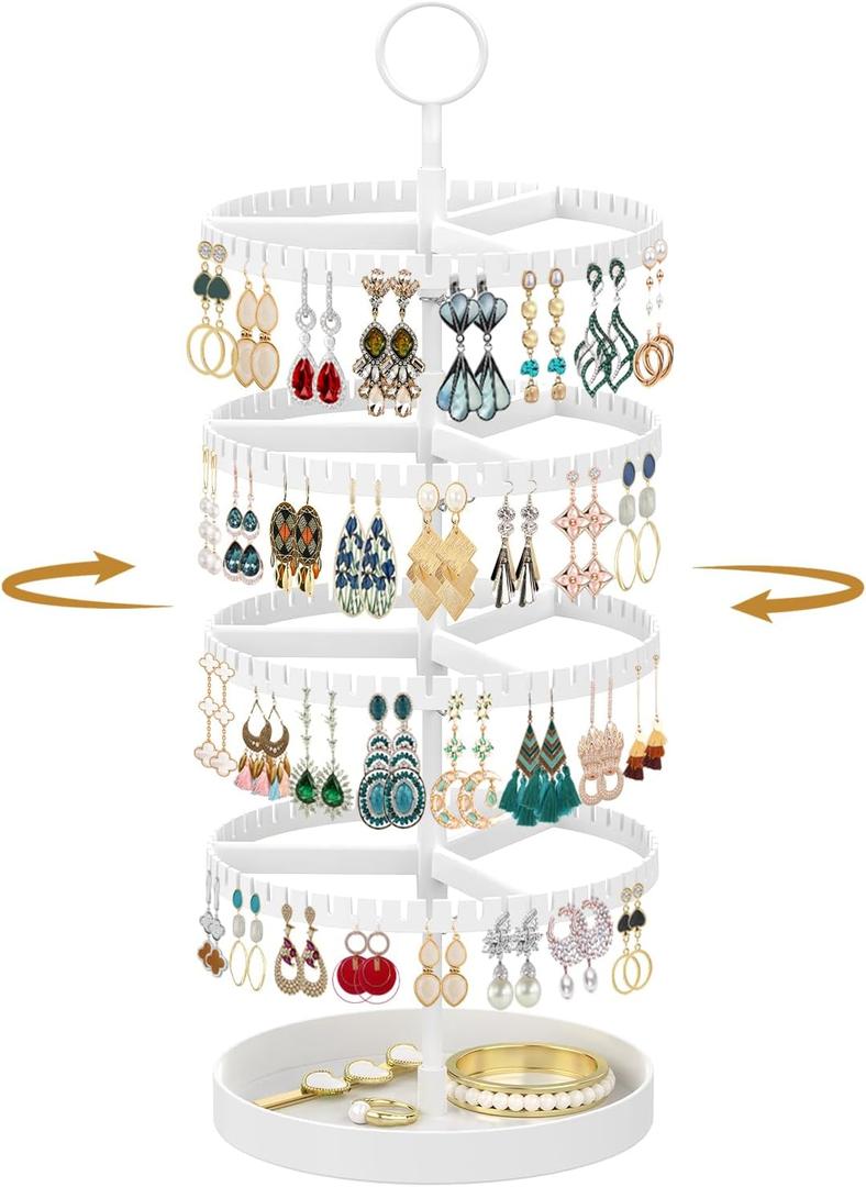 MODOWEY 4 Tier Rotating Earring Holder Organizer Display Tree with Metal Tray, Adjustable Plastic Stand with 228 Slots for Stud Hoop Hanger, Large Capacity Storage Rack for Women Space Saving, White