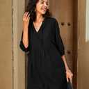 Lafural Womens V Neck Cotton Casual Loose Shift Tunic Smock Summer Dresses Vacation Dress 3/4 Sleeve Pocket (XXL)