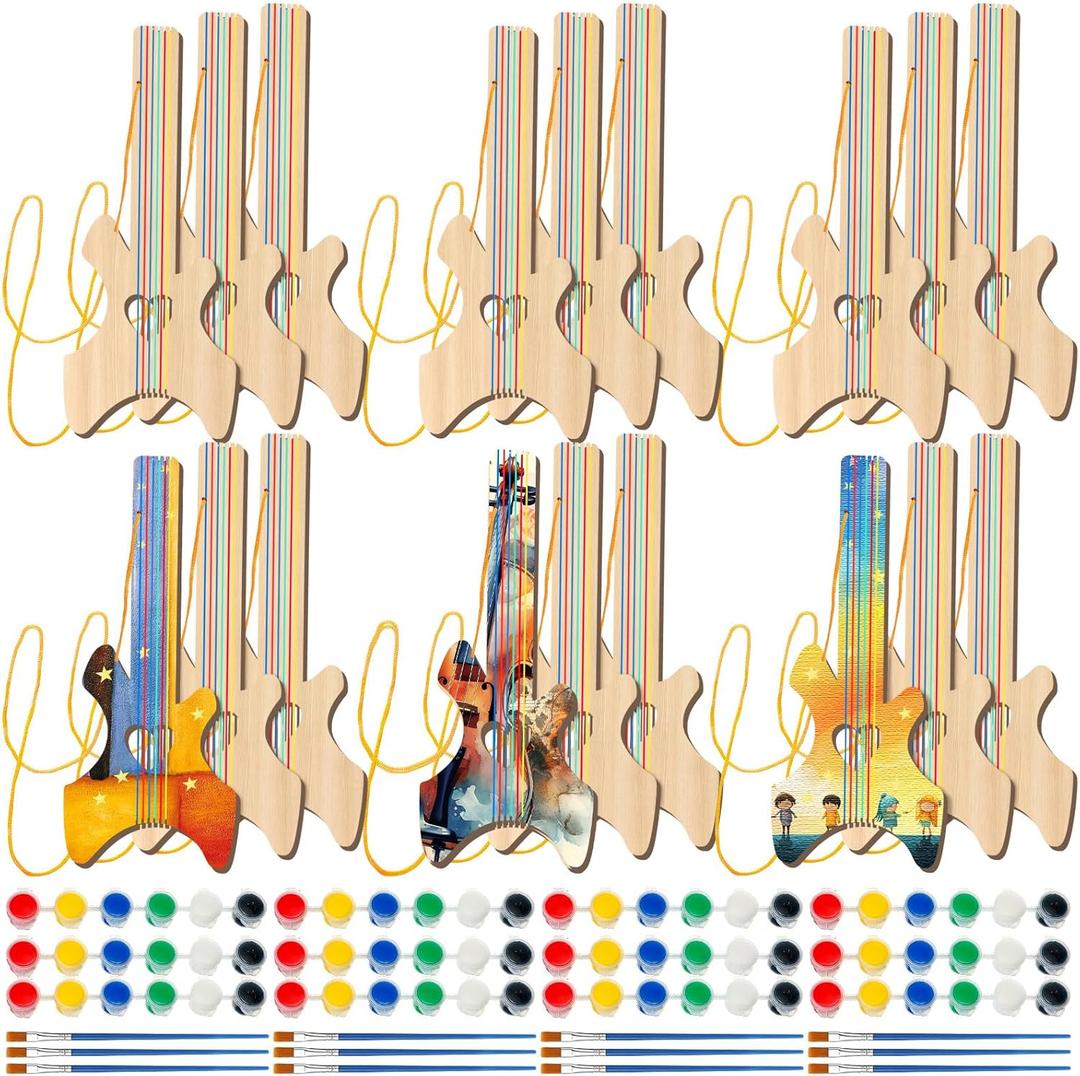 Syhood 18 Pcs DIY Wood Guitar for Kids with 18 Set of Pigments 6 Colors Christmas Kids Gift for Boys Girls Crafts Halloween Art Birthday Party Music Theme Party(Special)