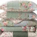 vctops Boho Patchwork Cotton Quilted Bedspread Quilt Set King Size 3 Pieces Soft Reversible Lightweight Coverlet Set Floral Print 1 Quilt and 2 Pillow Shams (Green D,King)
