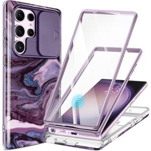 GVIEWIN for Samsung Galaxy S23 Ultra Case with Slide Camera Cover, [Built-in Screen Protector] [2 Front Frames] Military Grade Shockproof Marble Phone Case Fit S23 Ultra 6.8", Quicksand/Purple