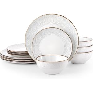 Famiware Eden Plates and Bowls Sets, Stoneware Dinnerware Sets with Gold Trim, 12 Pieces Dishes Set for 4 - Chip and Scratch Resistant, Microwave and Dishwasher Safe, White Floral