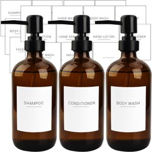 Set of 3 Amber Glass 16.9oz Soap Dispensers with 22 White Labels Bathroom Liquid Bottle Container with Black Pump