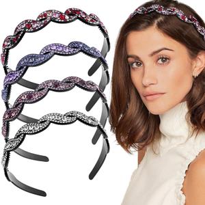 Aswewamt 4 Pcs Sparkly Rhinestone Headbands Wavy Crystal Hairband with Teeth Colorful Vintage Hair Hoops Bling Fashion Non-Slip Hair Styling Accessories for Women Girls