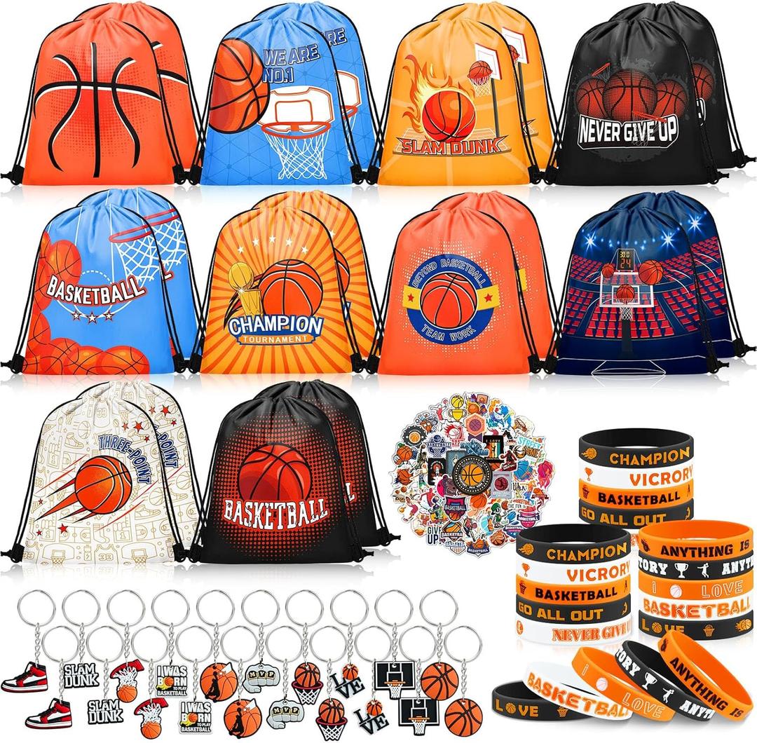 Grneric 110 Pcs Basketball Party Favors Drawstring Backpack with Keychains Silicone Bracelets Stickers for Sports Birthday Supplies Goodie Bags Basketball Themed Gifts