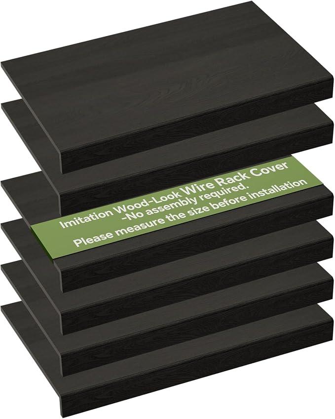 Giklux 6 PCS Wire Rack Covers for Pantry Wood Grain, 24'' W * 12'' D (Ready to Use) Faux Wood Shelf Covers for Wire Shelving, Rustic Closet Shelves Covering Toppers - Bathroom, Kitchen, Garage (Black)