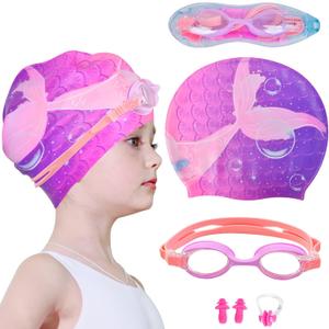 Kids Swim Caps for Girls, Toddler Silicone Swimming Cap for Kids, Durable Comfortable Swimming Caps for Girls (Age 6-12, Purple Mermaid)