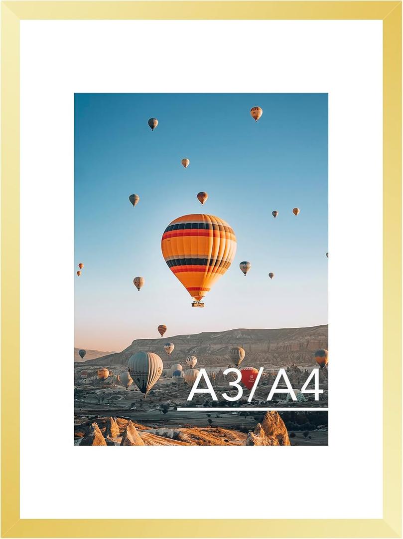 JCJMY 11.7x16.5 A3 Picture Frame Gold with 8.3x11.7 A4 Mat, Display Photo 8.3x11.7 with Mat or 11.7 x 16.5 Without Mat, Wall Hanging Large Frame with Plexiglass, Gold