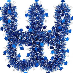 Unittype 98ft Graduation Tinsel Garland Decoration with Grad Cap & Star Garland, Class of 2026 Party Decor for School Ceremony, Porch, Photo Backdrop, Indoor, Railings, Yard Decor(Blue and Sliver)