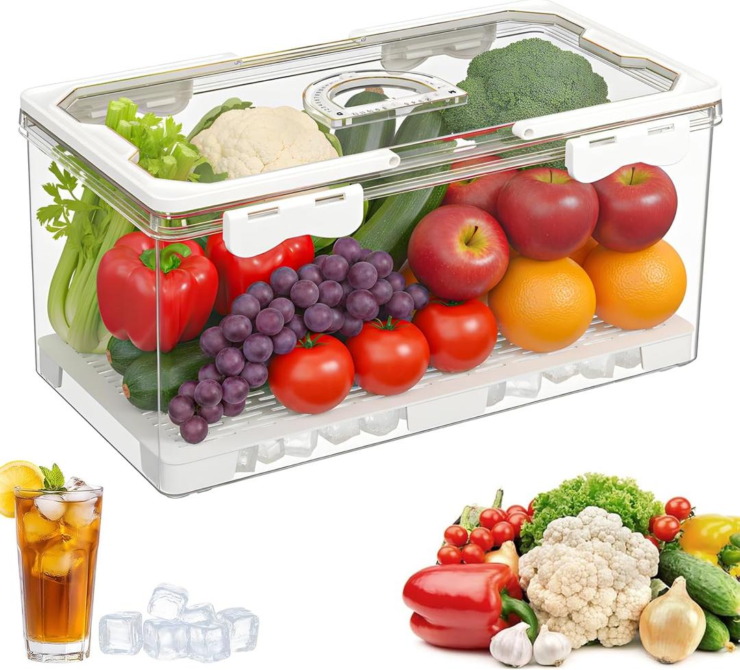 Fridge Organizer with Handle, Clear Refrigerator Organizers and Storage with Lid & Drain Trays, Large Capacity Fruit and Vegetable Storage BPA-Free for Fruits, Vegetables, Drinks