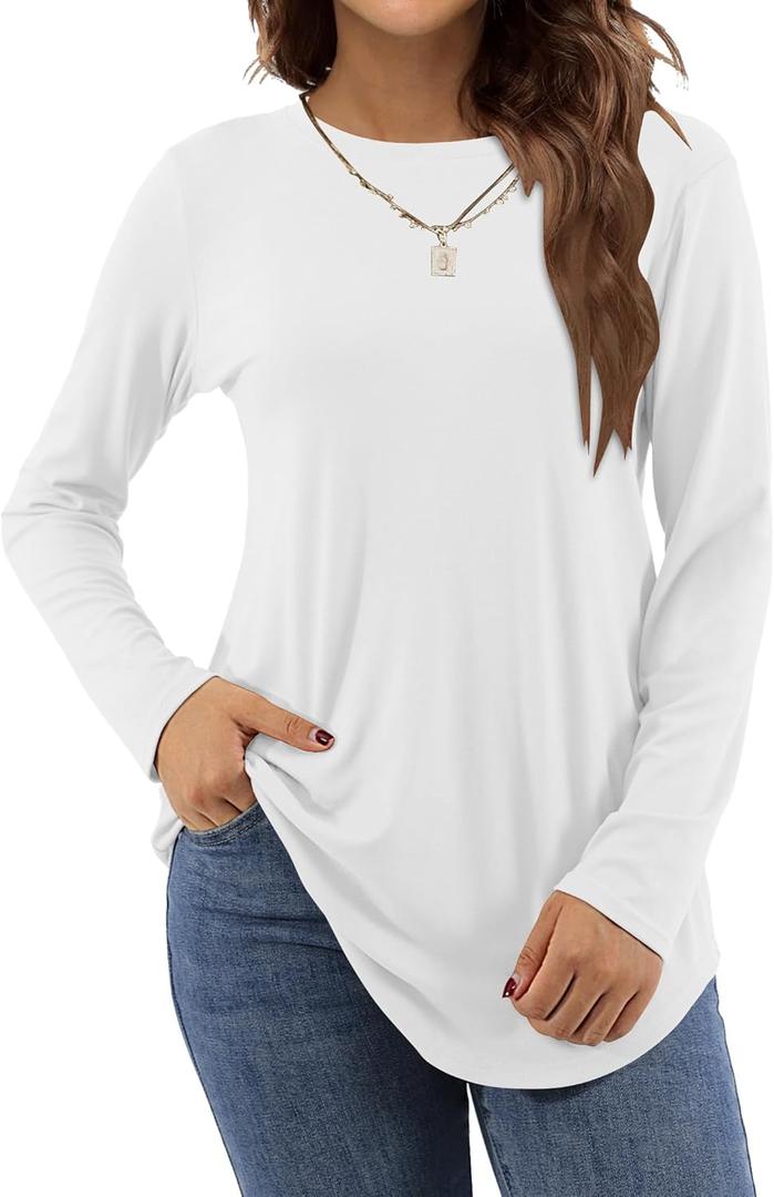 Amoretu Women's Long Sleeve Tunic Tops Casual Crew Neck Loose Shirts for Leggings (Large, All White)