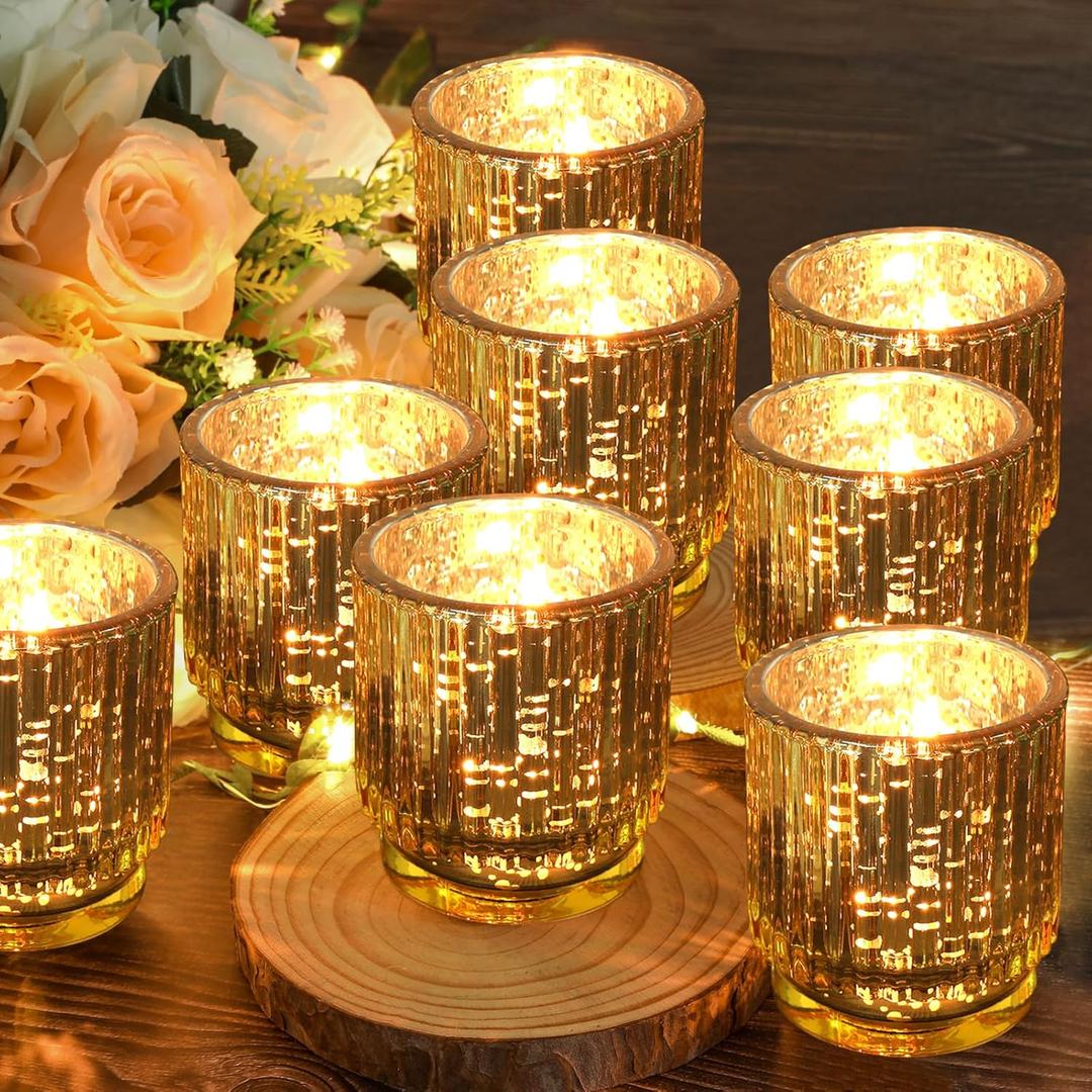 Gold Mercury Glass Votive Candle Holders Set of 6, Wedding Party Candlestick, Elegant Table Centerpiece Candles,Gold Tealight Candle Holders Set, Festive Holiday Home Decor