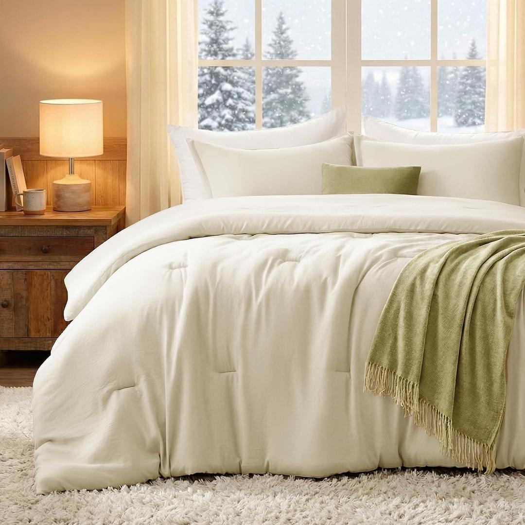 Quataly Oversized Queen Comforter Set Cream, Extra Length Fit for Thick Mattresses,3PCS Bedding Comforter for All Season, Oversized Queen Size(98''98'' Comforter & 2 Pillowcases)