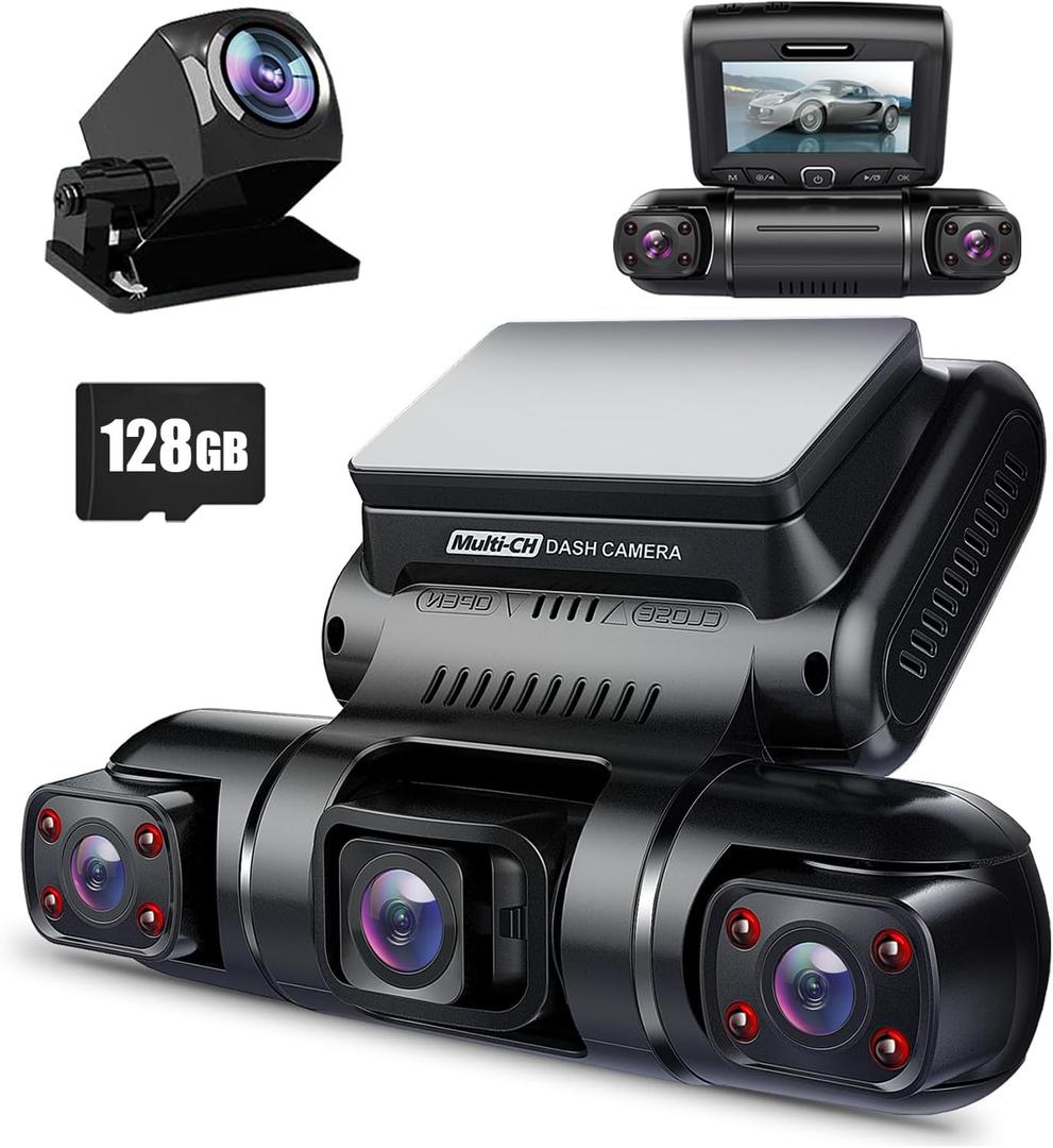 PRUVEEO 360 4 Channel Dash Cam Front and Rear Inside Left Right, Dash Camera for Cars, Built-in GPS WiFi Night Vision, 24/7 Recording Parking Mode Monitor, 128G Card Included