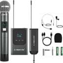 Phenyx Pro Dual Digital Wireless Microphone System, w/Handheld Dynamic Microphone, Bodypack Transmitter, Mini Receiver, 2x15 UHF Frequencies, Headset/Lapel Mic for Singing (PDP-2-1H1B)