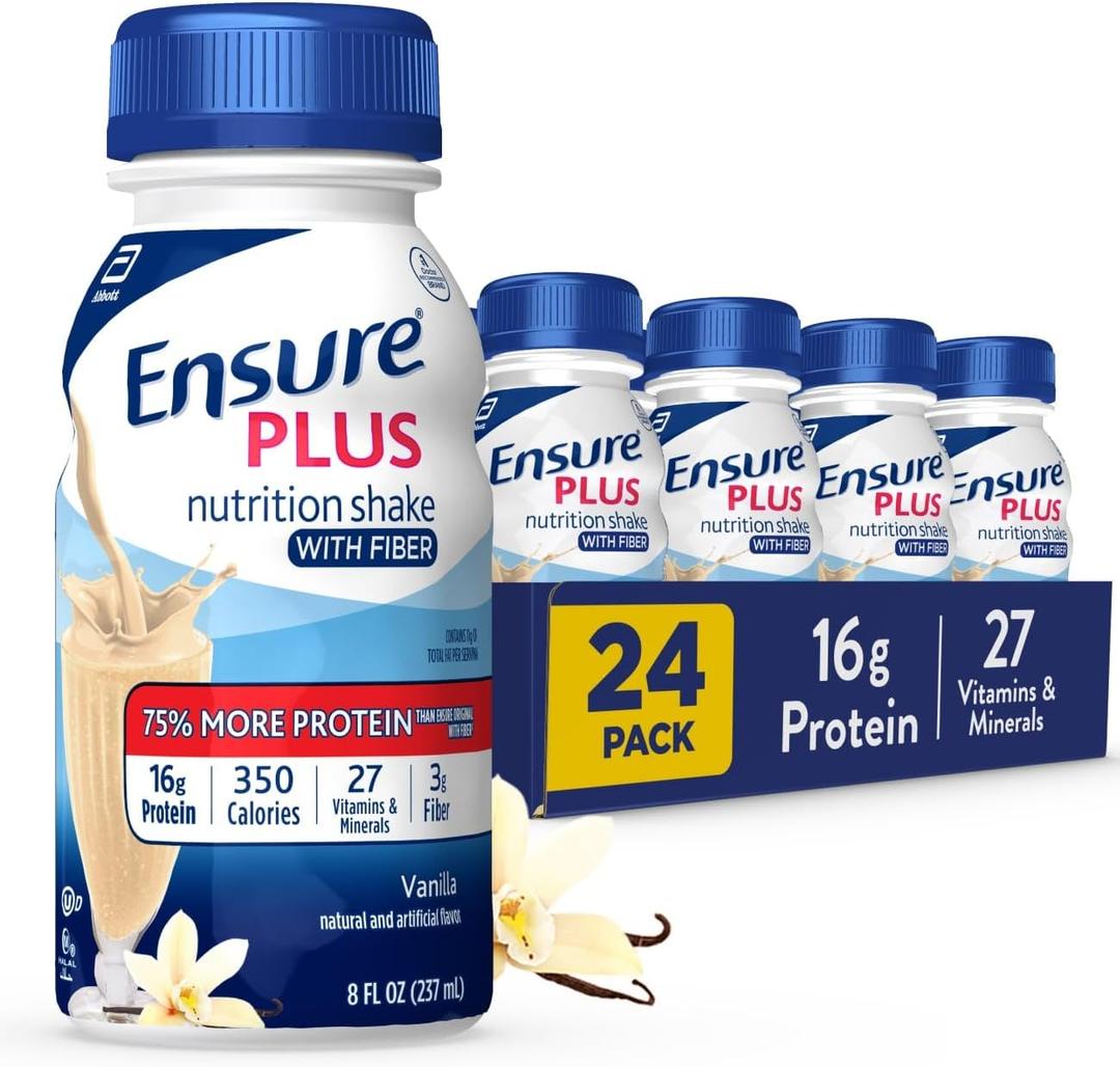 Ensure Plus Vanilla Nutrition Shake With Fiber | Meal Replacement Shake | Ready to Drink | 16g Protein and 27 Vitamins and Minerals | 8 fl oz - 24 Pack, Best By: 1 June 2026