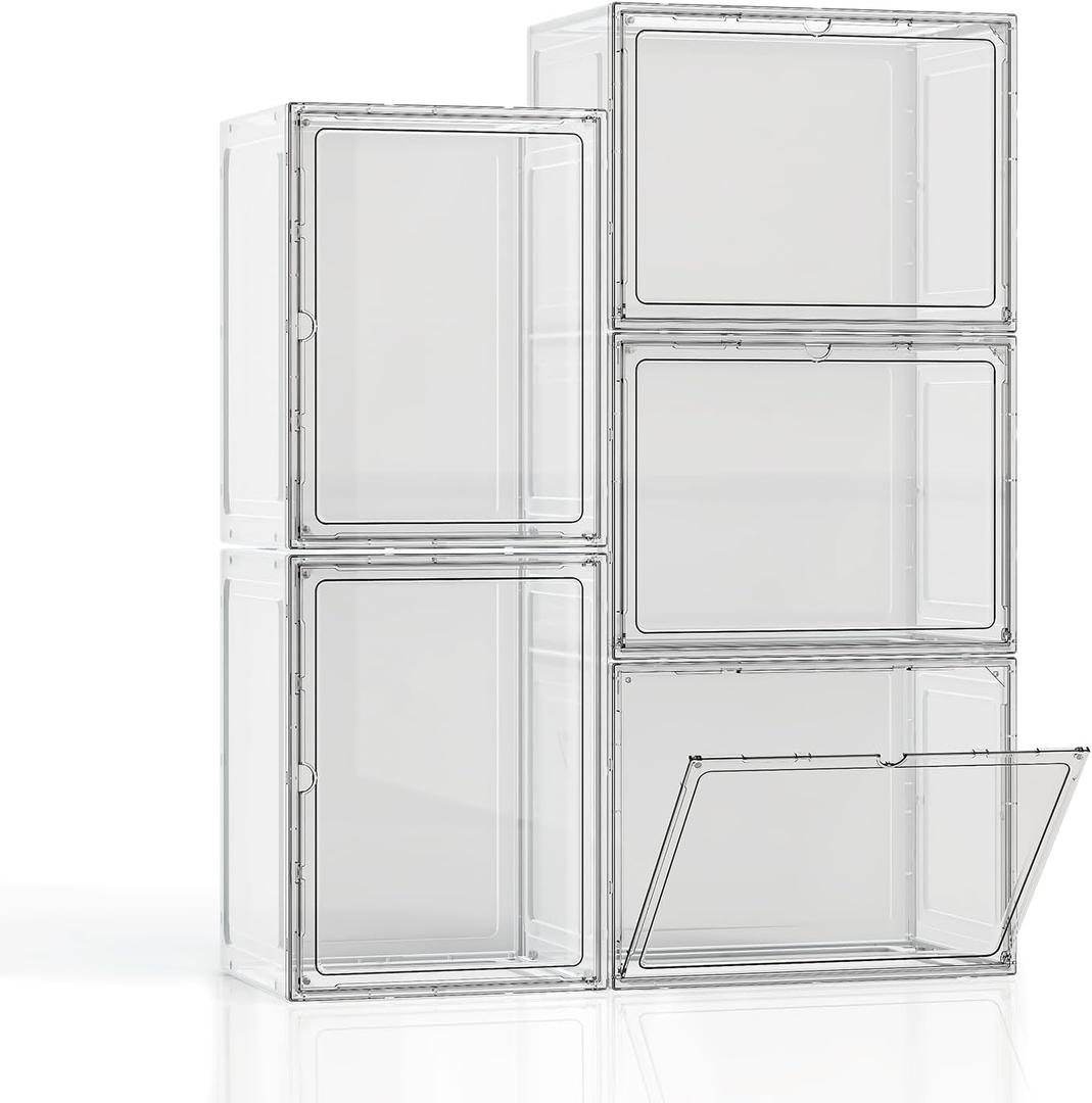 5 Pack Stackable Storage Bins with Lids, White Plastic Storage Container with Clear Lids, Clear Display Case with Magnetic Door for Purse, Handbag, Figure, Collectibles, Doll, Bag, 14.2"x8.66x10.6"