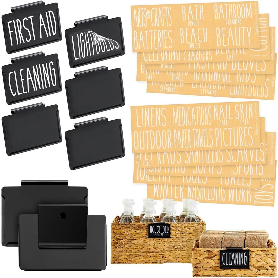 Talented Kitchen 8 Pack Metal Basket Labels Clip On Holders with 70 Household Labels for Storage Bins, Bin Clips Label Tags for Organizing Home, Bathroom, Linen Closet (Black)