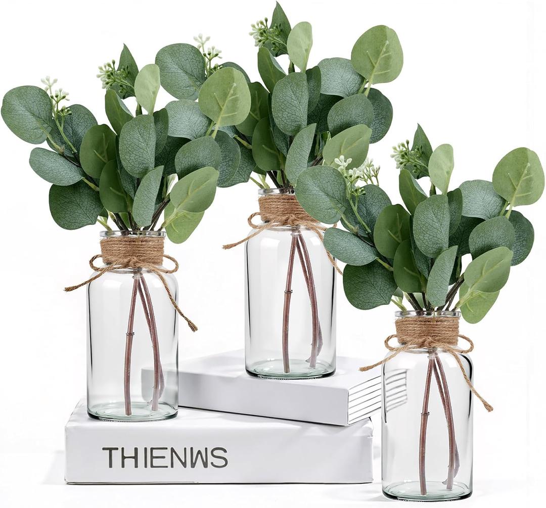 3 Glass Bud Vases 6.5 H, Mason Jars with 3 Fake Eucalyptus Centerpiece Vases with Hemp Rope for Weddings Parties Farmhouse Decor