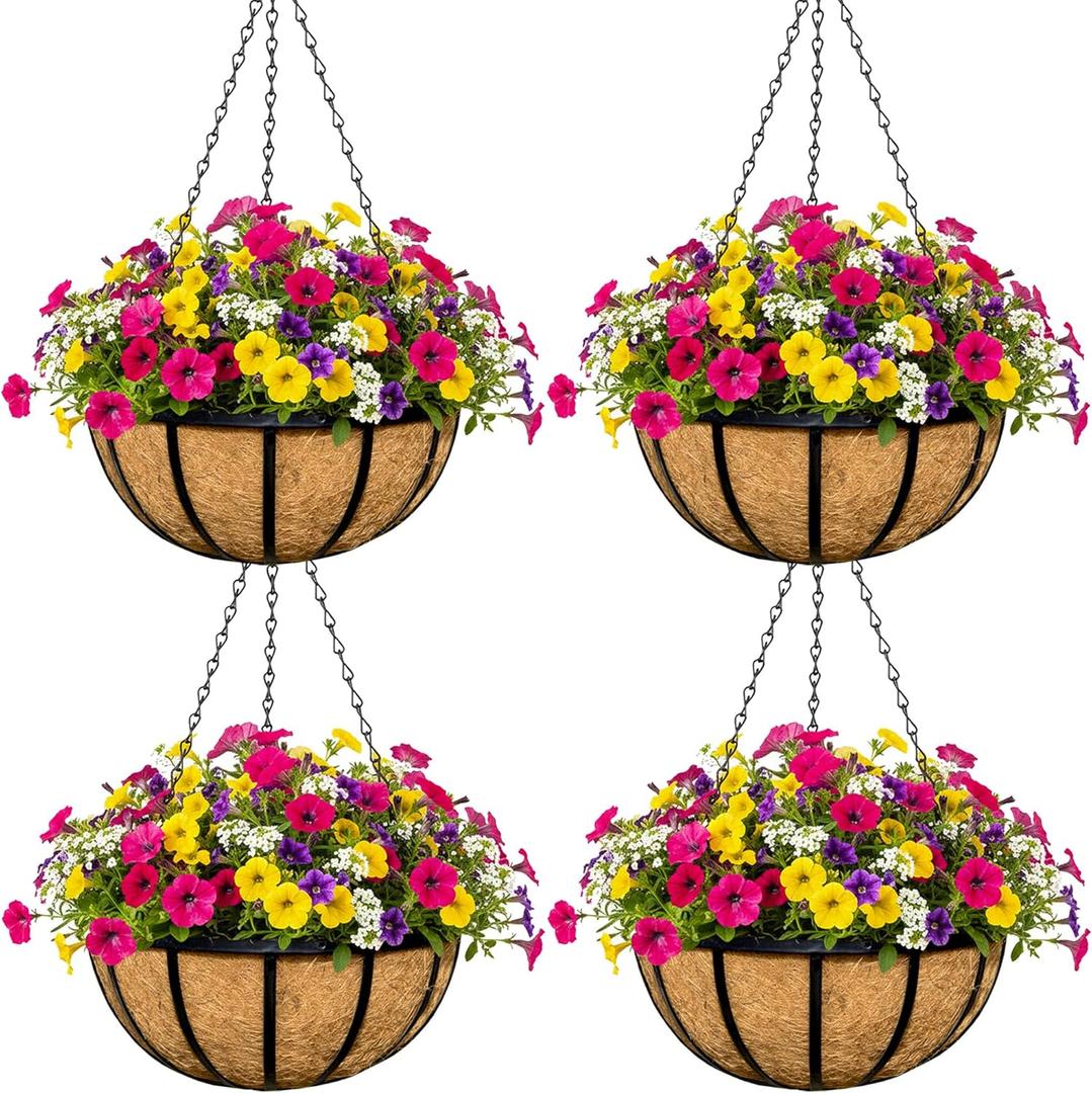 4pcs 16 inch Metal Hanging Baskets Round Wire Plant Stand with Coco Lining Cushion Decorative Planter Hanger Garden Indoor Outdoor Watering Hanging Basket BT