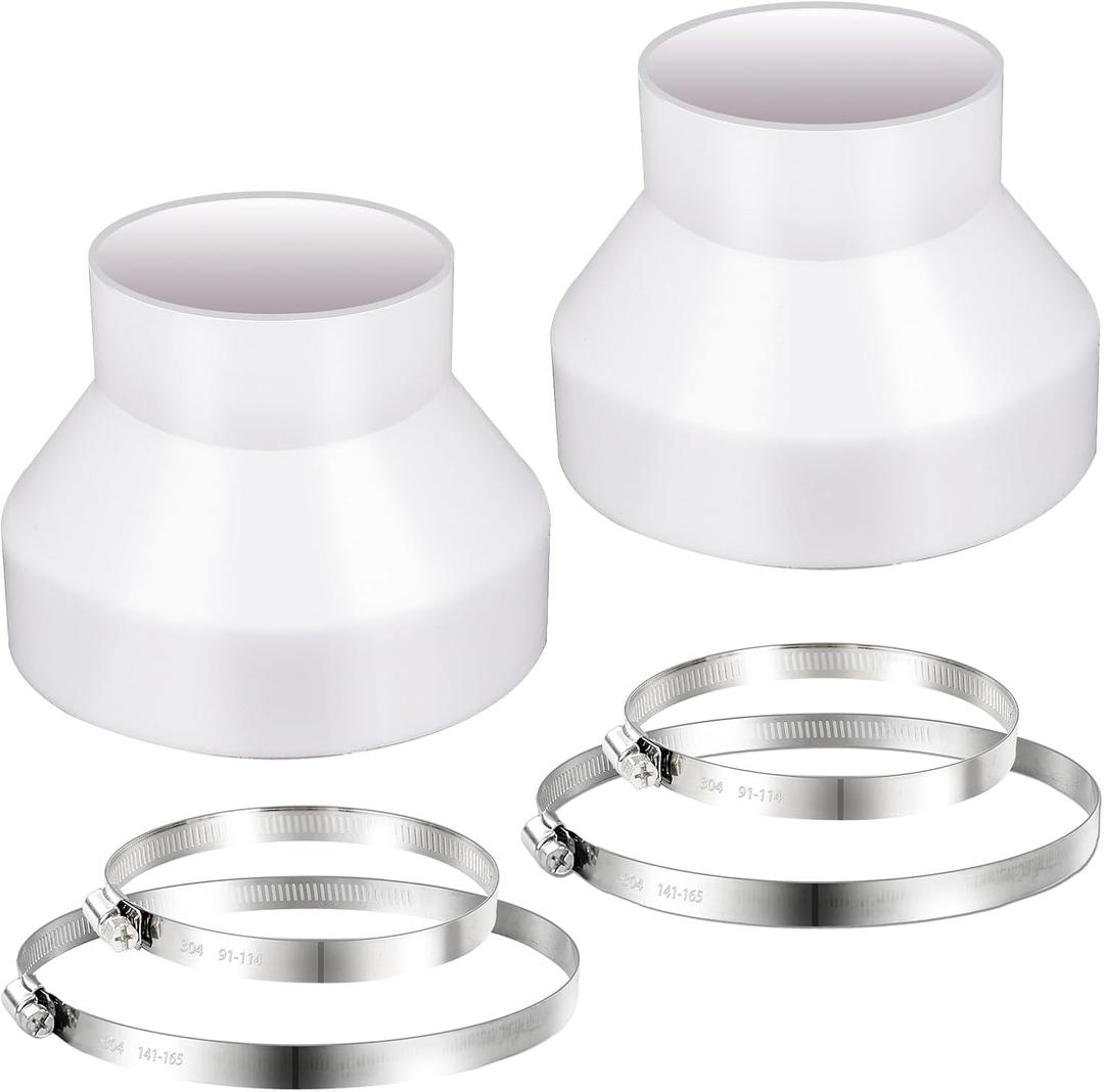 2 Set 6 to 4 inch Duct Reducer Adapter, Air Duct Reducer Increaser with 304 Stainless Steel Hose Clamps, HAVC Pipe Connector for Inline Ventilation Fitting System (6 to 4 Inch), White