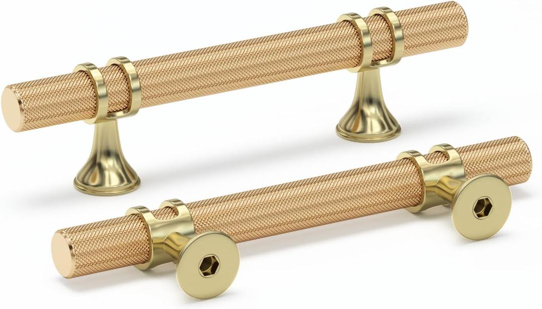 Haliwu 10 Pack Gold Cabinet Pulls, 3 inch Knurled Cabinet Pulls, Champagne Gold Handles Brushed Brass Handles for Dresser, Kitchen Hardware Drawer Knobs (3-inch (76mm) hole spacing)