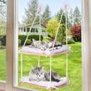 Cat Window Perch - Hammock with Biege Cushion Bed & Solid Wood Seat - Strong Suction Cups - Indoor Hanging Window Shelf for Cats & Kittens (2-Layer)