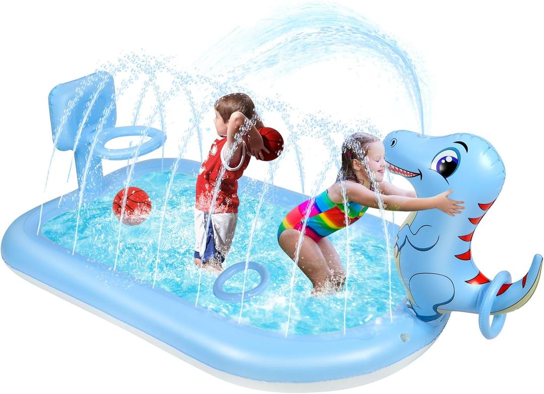 Splash Pad Sprinklers for Kids, 3 in 1 Inflatable Kiddie Pool Play Center Including Basketball Game and Ring Toss Game, 63inch Dinosaur Design Indoor Outdoor Water Play Mat for Toddlers 3-5 Boys Girls