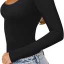REORIA Women's Sexy Basic Scoop Neck Long Sleeve Double Lined Layering Slim Bodysuit Tops (Black, S)
