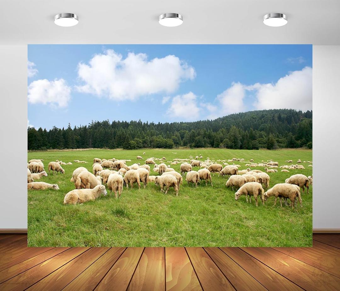 BELECO 7x5ft Fabric Rural Sheep Pasture Backdrop Flock of Sheep Lamb Grazing, Green Farm Meadow Hills Shepherd Photography Background for Party Decorations Photo Booth Studio Props Wallpaper