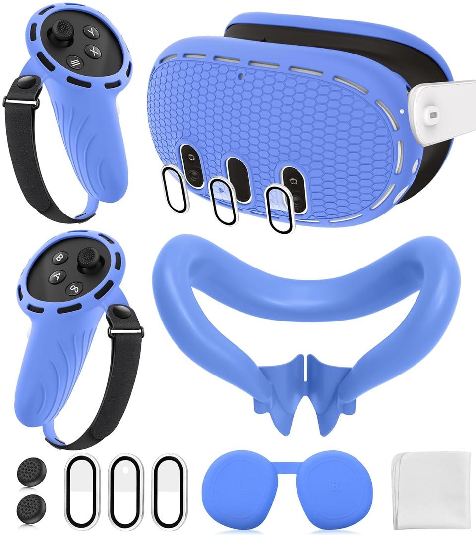 Silicone Cover Set Compatible with Meta/Oculus Quest 3 Accessories, Controller Grips, VR Shell Cover, Facial Interface Cover, Protective Lens Cover, Tempered Glass Lens Caps, Not Fit Quest 3S (Blue)