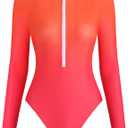 ZAFUL Women's Long Sleeve Rash Guard Swimsuit One Piece Zipper Surfing Bathing Suit (Ombre Red), Small