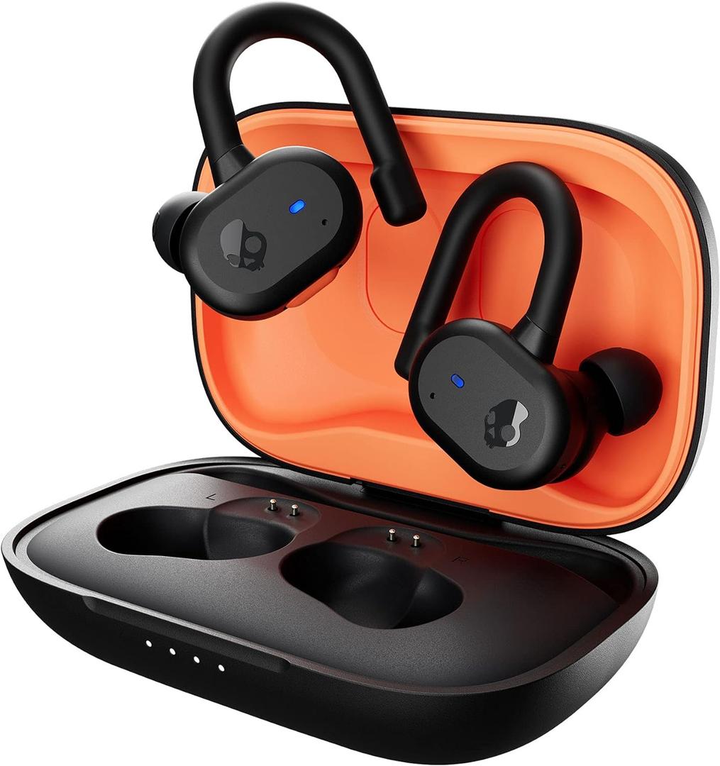 Skullcandy Push Active Wireless Earbuds, Bluetooth Headphones, Noise Isolating, 44 Hrs Battery, Secure-Fit Over-Ear Hanger, Sweat and Water Resistant, Microphone for iPhone Android True Black,Orange