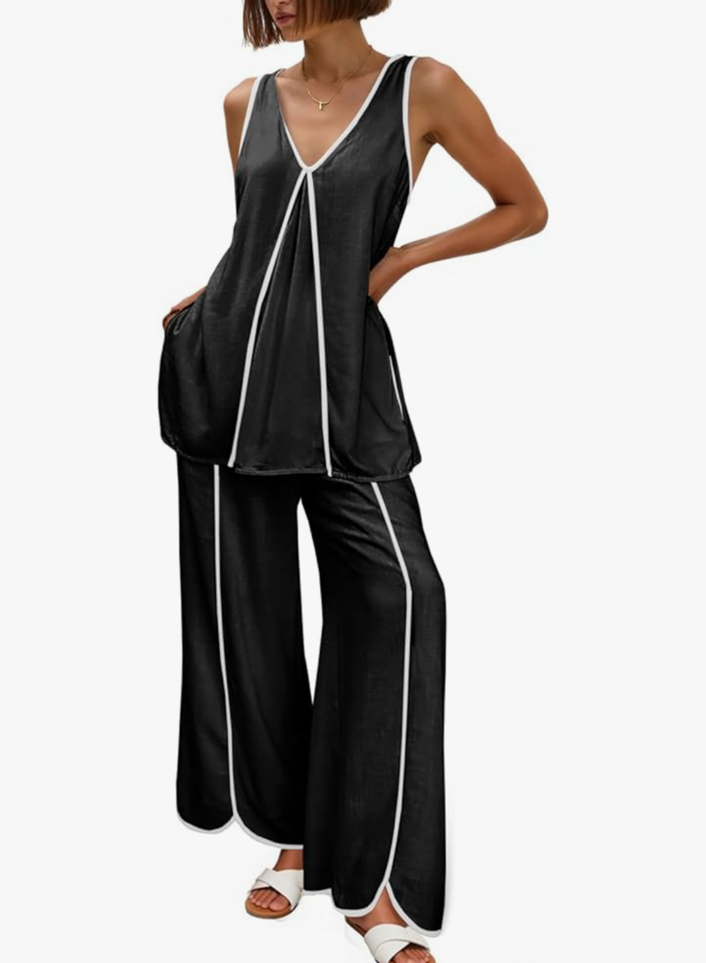 Cicy Bell Womens Summer Lounge Sets V Neck Sleeveless Tunic Tops Pajamas Sets Comfy Loungwear Wide Leg Pants 2 Piece Outfits. Size M